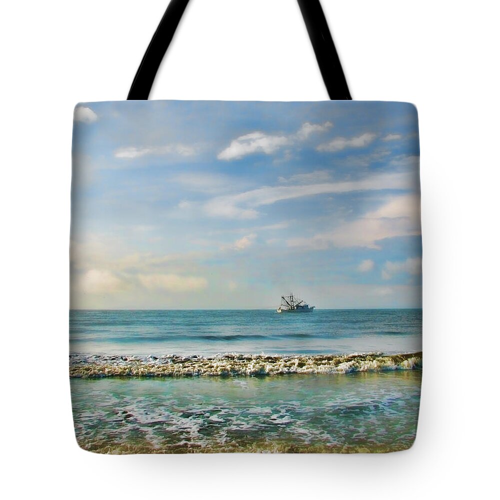 Seascape Tote Bag featuring the photograph Shrimp Boat Off Kiawah by Amy Tyler