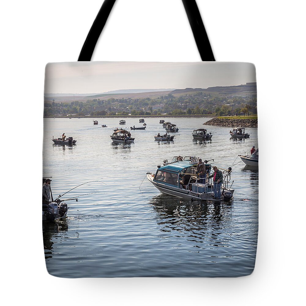 Lewiston Idaho Clarkston Washington Id Wa Lewis Clark Lc Valley Salmon Fishing Boat Boats Boating Fish Clearwater Snake River Water Tote Bag featuring the photograph Side by Side by Brad Stinson