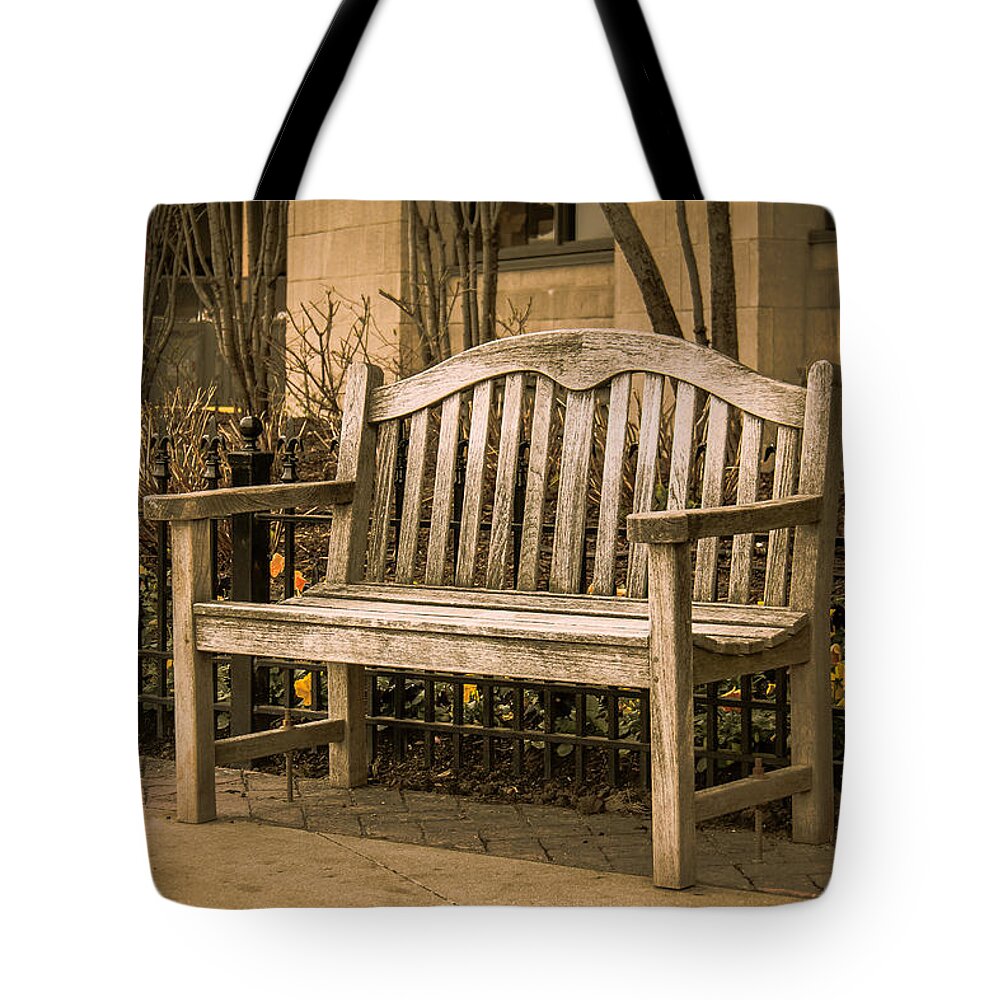Architecture Tote Bag featuring the photograph Sidewalk Bench by Joni Eskridge