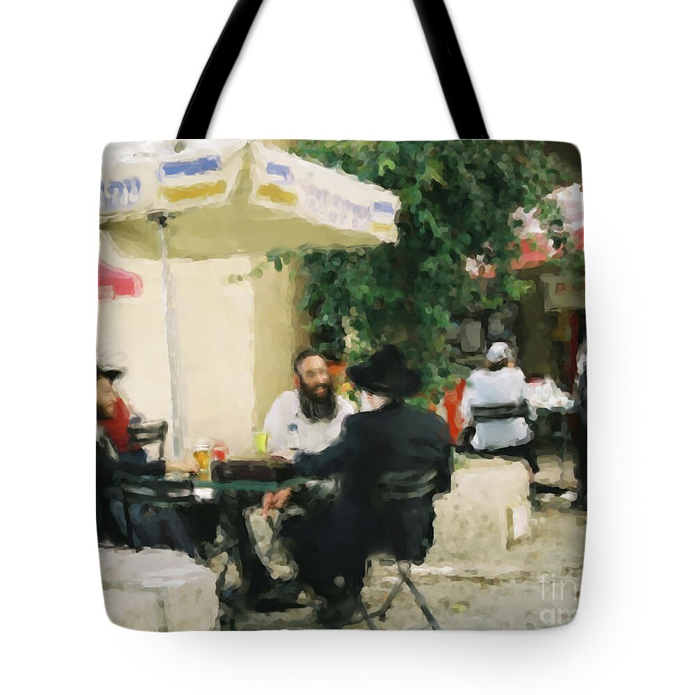 Jewish Tote Bag featuring the digital art Sidewalk Cafe Jerusalem by Constance Woods
