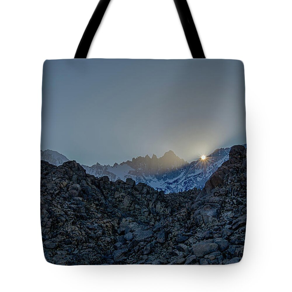 Sun Burst Tote Bag featuring the photograph Sierra sun burst by Gaelyn Olmsted