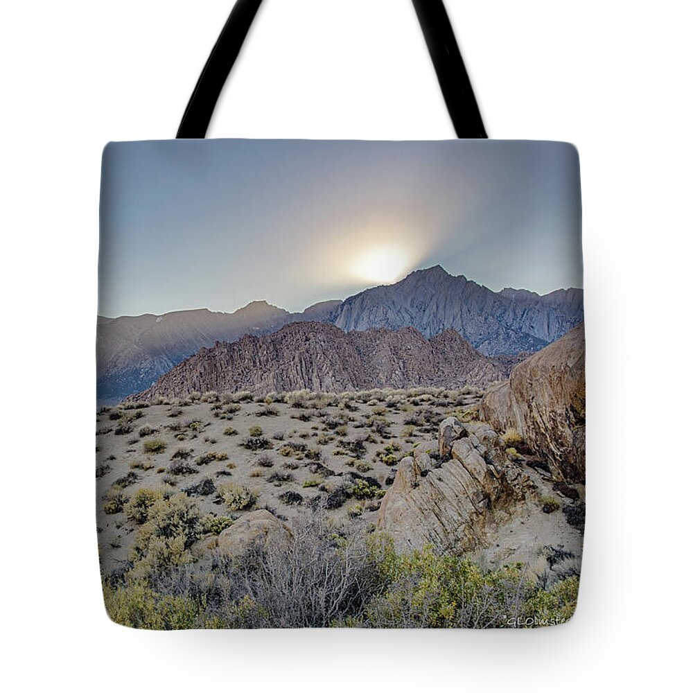 Landscape Tote Bag featuring the photograph Sierra sunrays by Gaelyn Olmsted