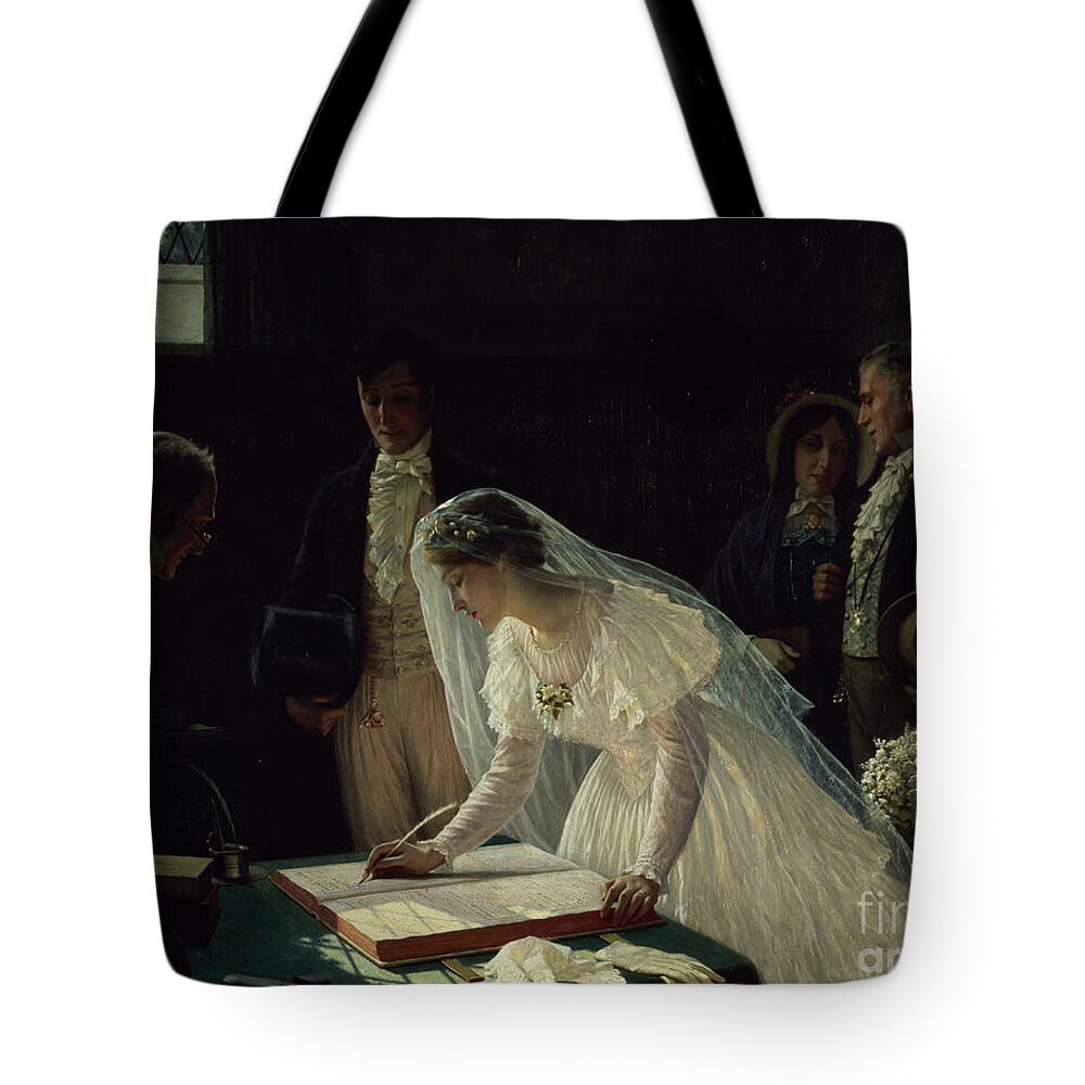 Signing Tote Bag featuring the painting Signing the Register by Edmund Blair Leighton