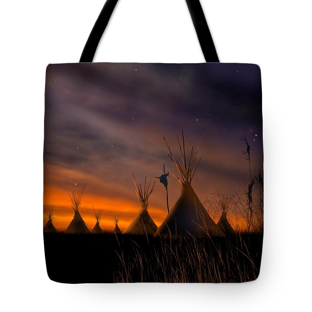 Native American Tote Bag featuring the painting Silent Teepees by Paul Sachtleben
