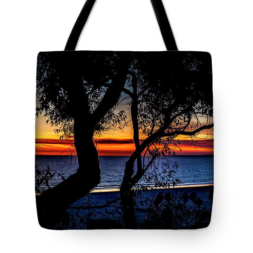 Sunset Silhouettes Tote Bag featuring the photograph Silhouettes Over Blue Water by Gene Parks