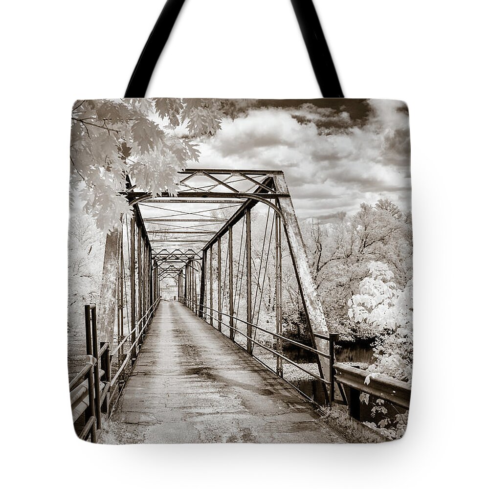 Mulberry River Tote Bag featuring the photograph Silver Bridge in sepia by James Barber