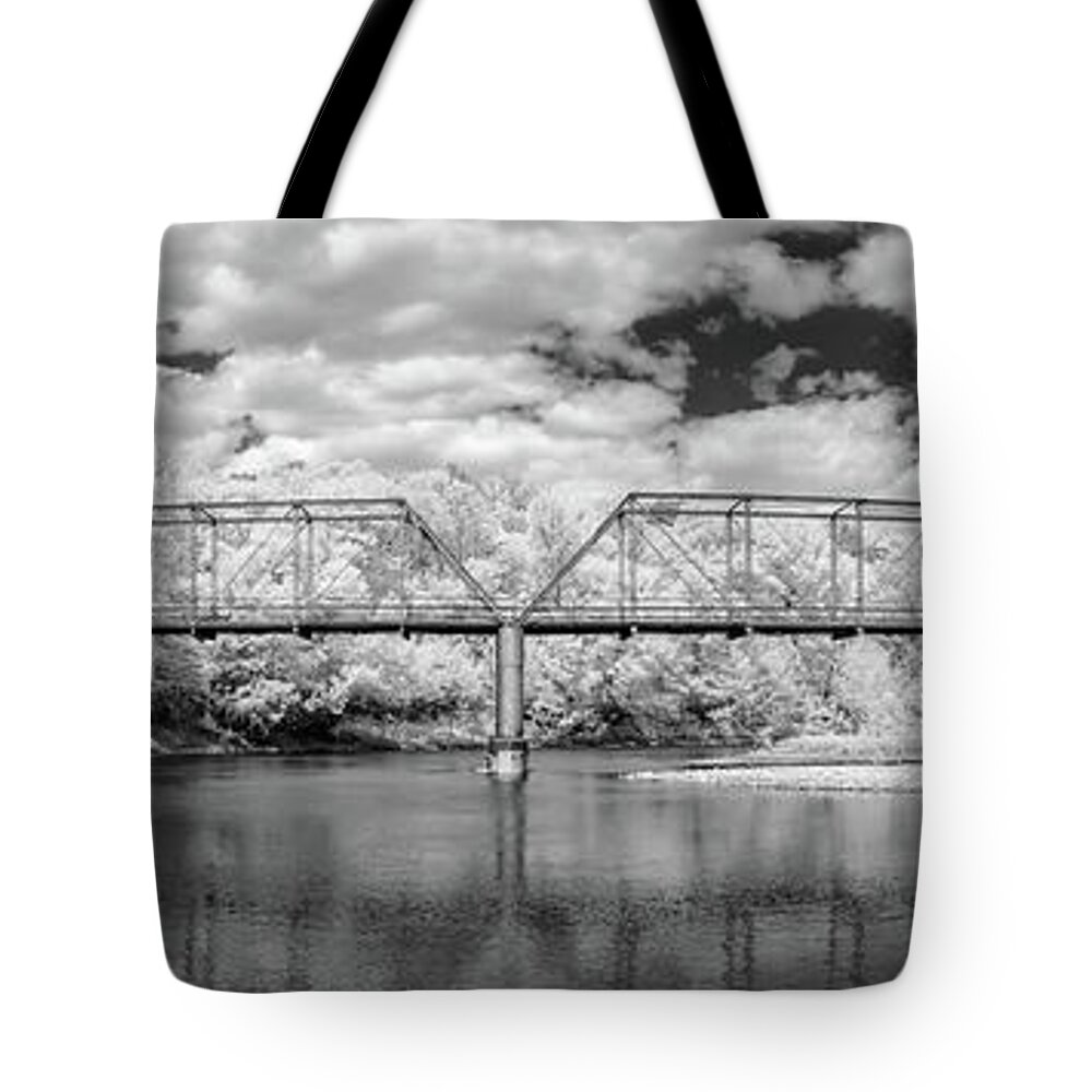 Mulberry River Tote Bag featuring the photograph Silver Bridge Pano by James Barber