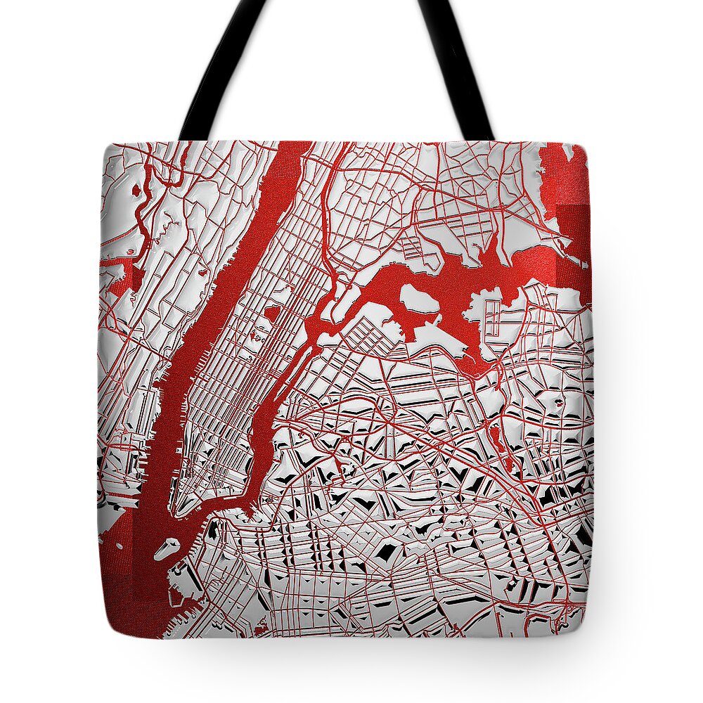 'nyc ' Collection By Serge Averbukh Tote Bag featuring the digital art Silver Cities - Silver City Map New York on Red by Serge Averbukh