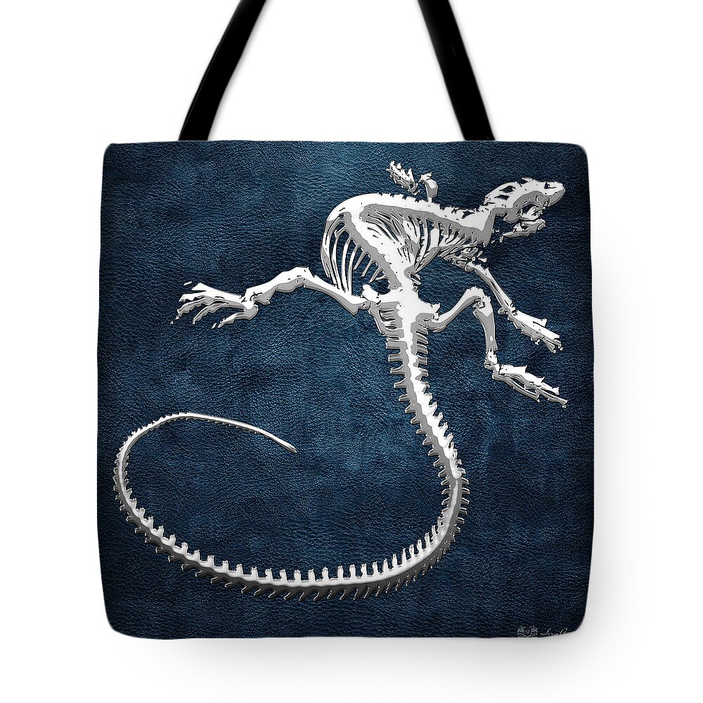 Precious Bones By Serge Averbukh Tote Bag featuring the photograph Silver Iguana Skeleton on Blue Silver Iguana Skeleton on Blue by Serge Averbukh