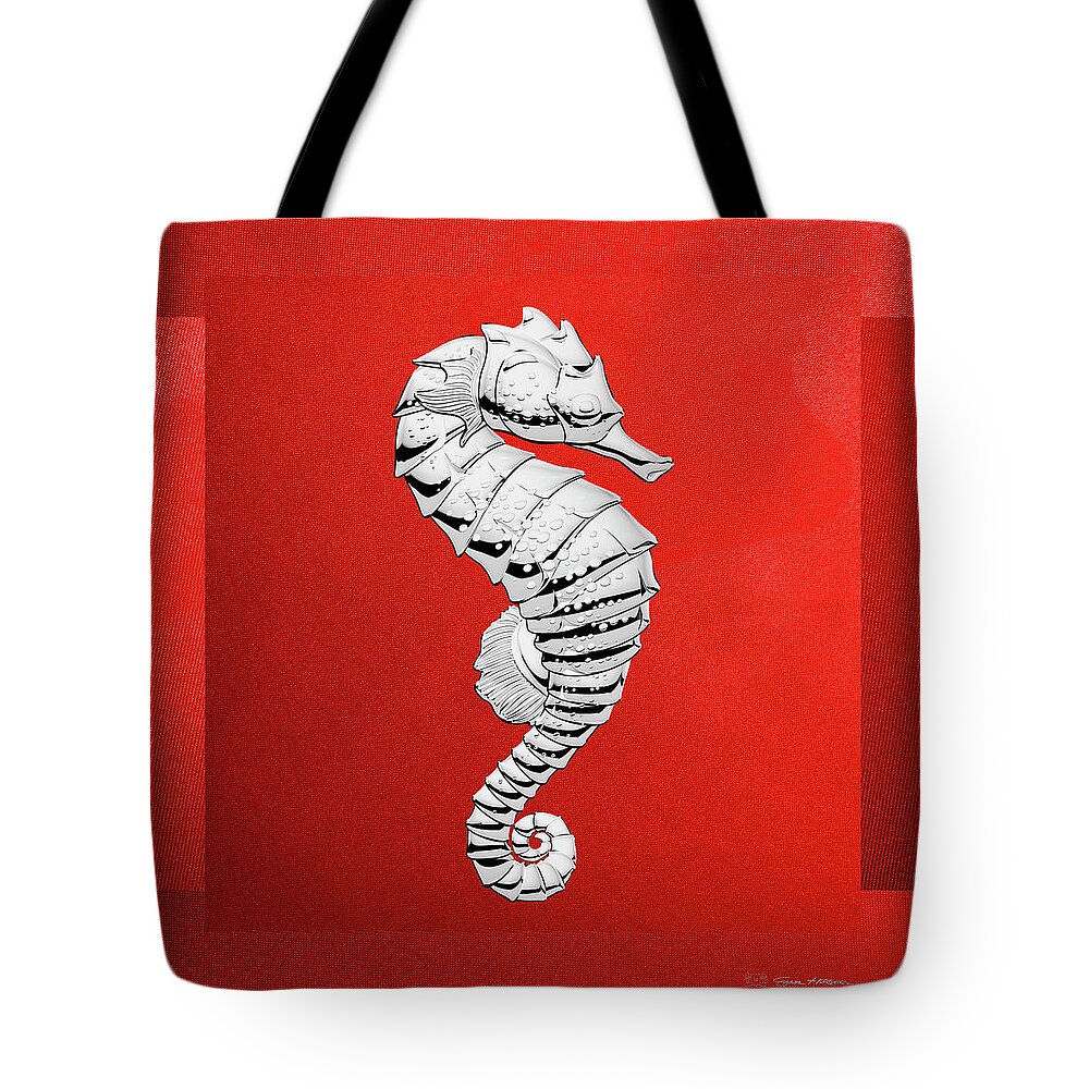 'beasts Creatures And Critters' Collection By Serge Averbukh Tote Bag featuring the digital art Silver Seahorse on Red Canvas by Serge Averbukh