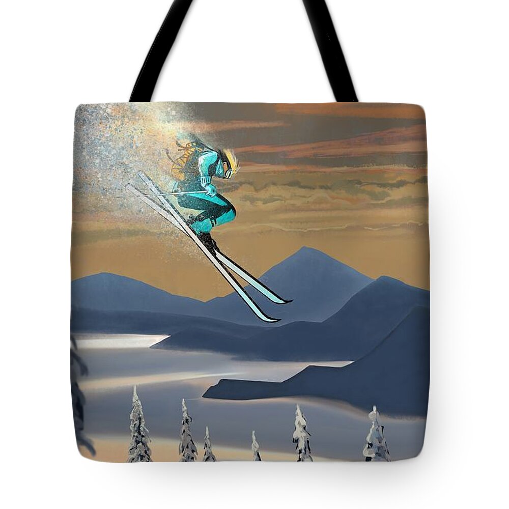 Retro Ski Art Tote Bag featuring the painting Silver Star ski poster by Sassan Filsoof