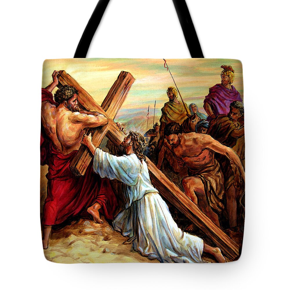Jesus Tote Bag featuring the painting Simon Helping Jesus by John Lautermilch