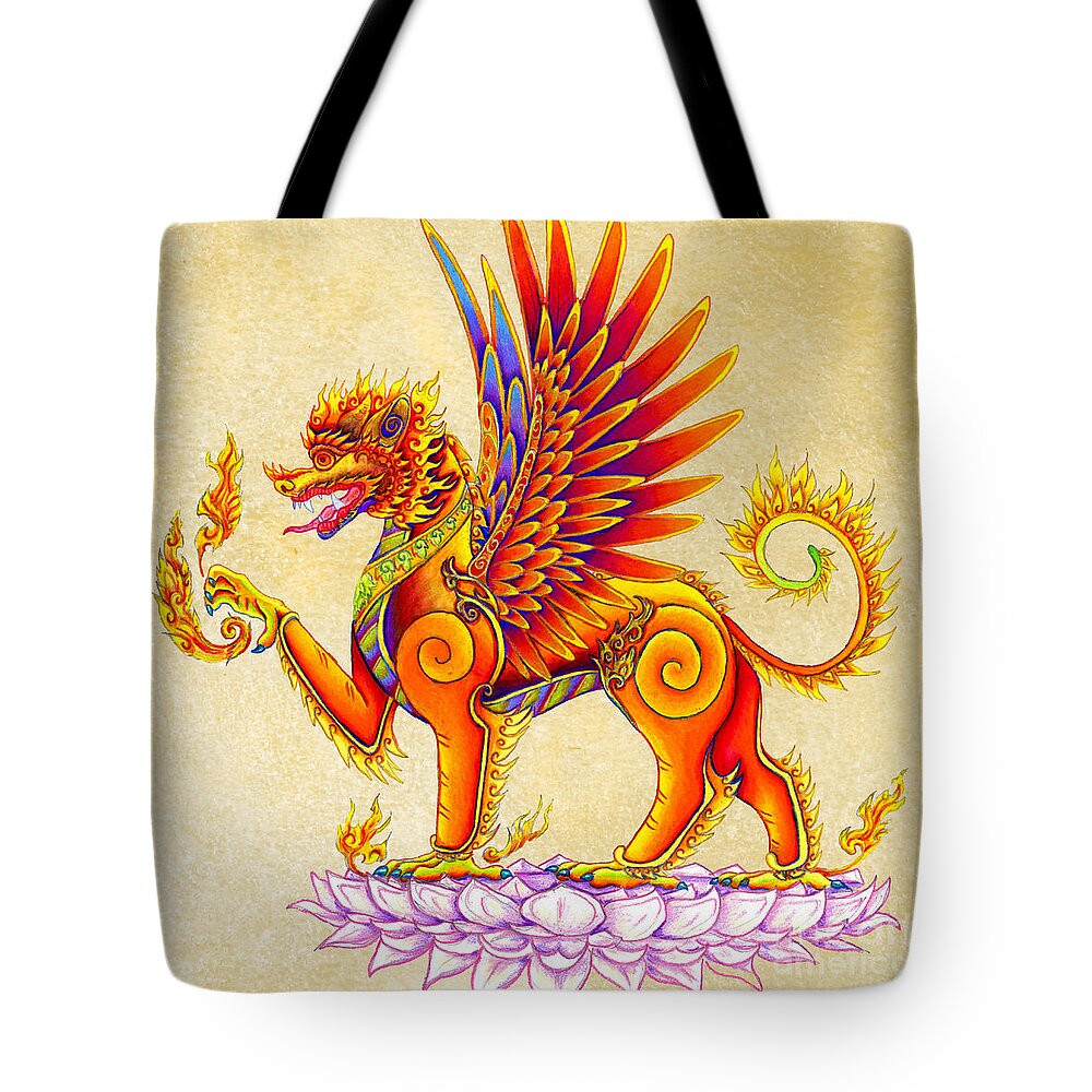 Singha Tote Bag featuring the drawing Singha Balinese Winged Lion by Rebecca Wang