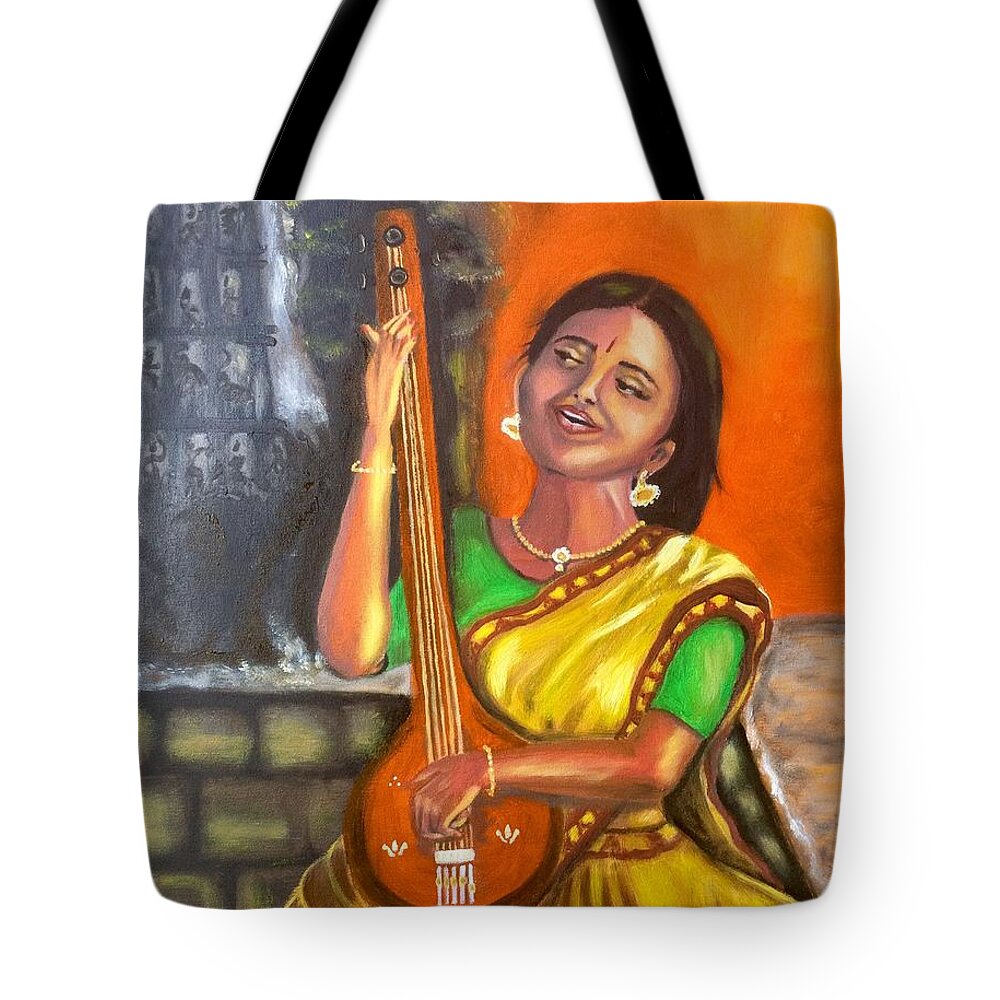 Music Tote Bag featuring the painting Singing @ sunrise by Brindha Naveen