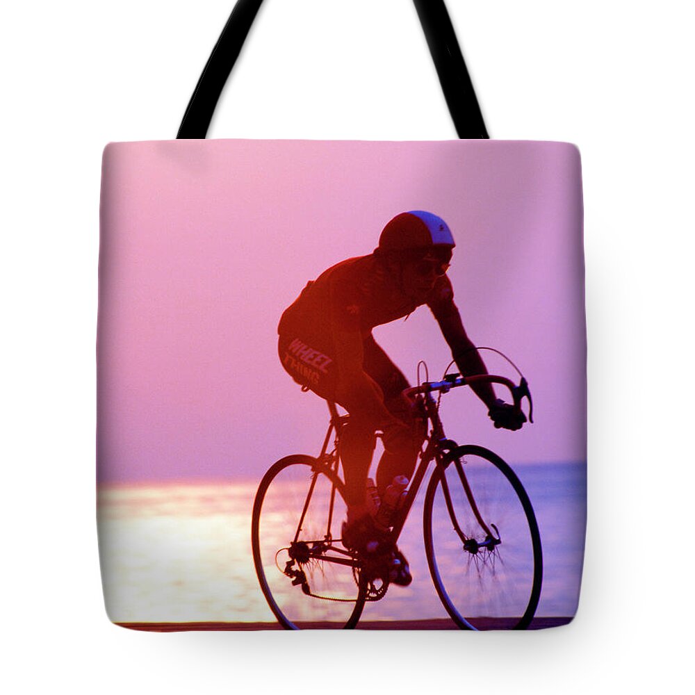Single Tote Bag featuring the photograph Single Bike Rider Chicago Lake Front by Tom Jelen
