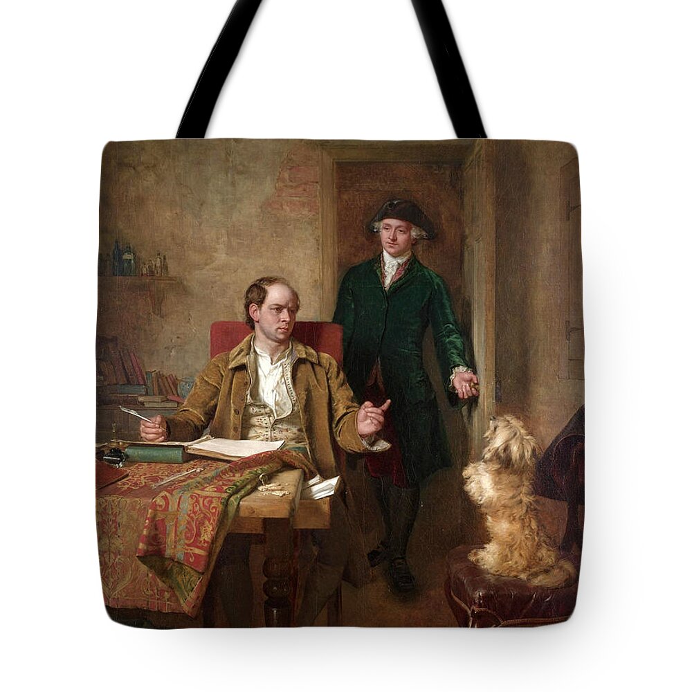 John Faed Tote Bag featuring the painting Sir Joshua Reynolds Visiting Goldsmith in his Study by John Faed