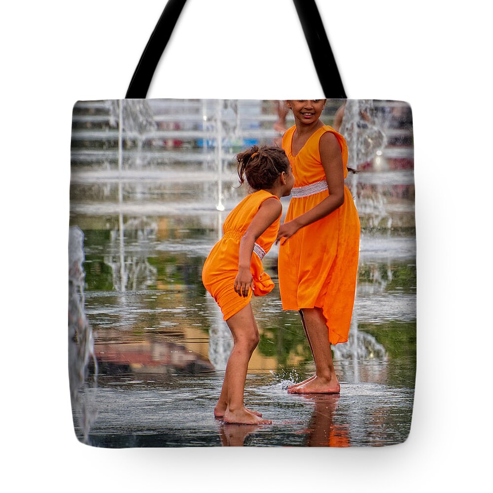 Children Tote Bag featuring the photograph Sisters in the Waterpark by Gary Karlsen