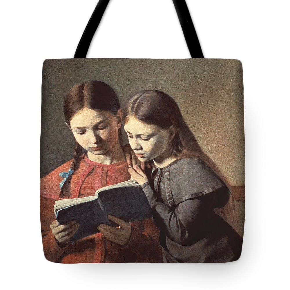 The Tote Bag featuring the painting Sisters Reading a Book by Carl Hansen