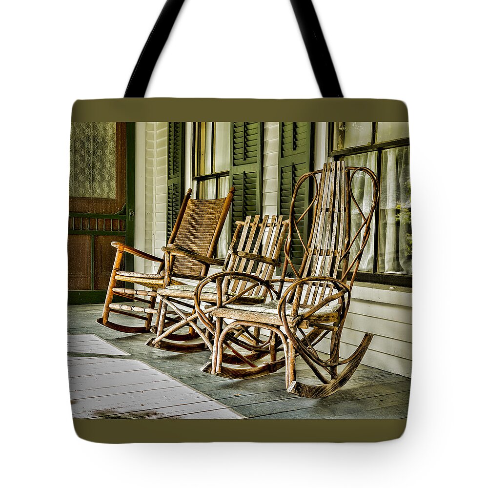Porch Tote Bag featuring the photograph Sit A Spell by Stephen Stookey