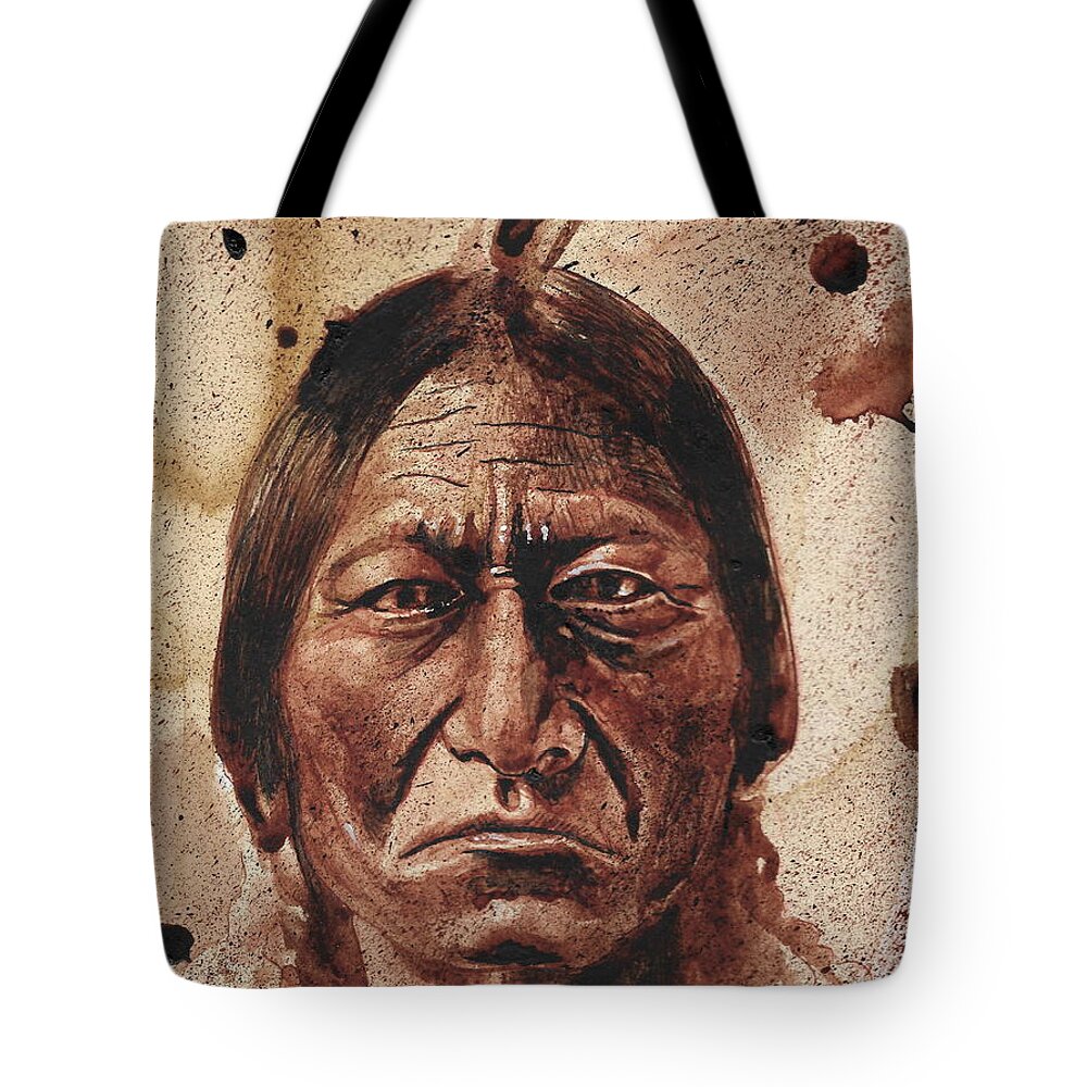 Ryan Almighty Tote Bag featuring the painting SITTING BULL - dry blood by Ryan Almighty