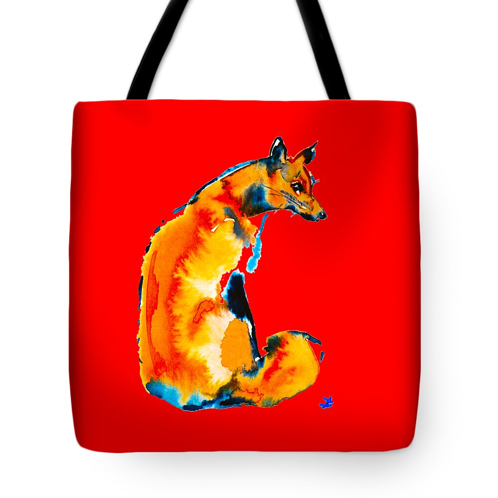 Fox Tote Bag featuring the painting Sitting Fox by Zaira Dzhaubaeva