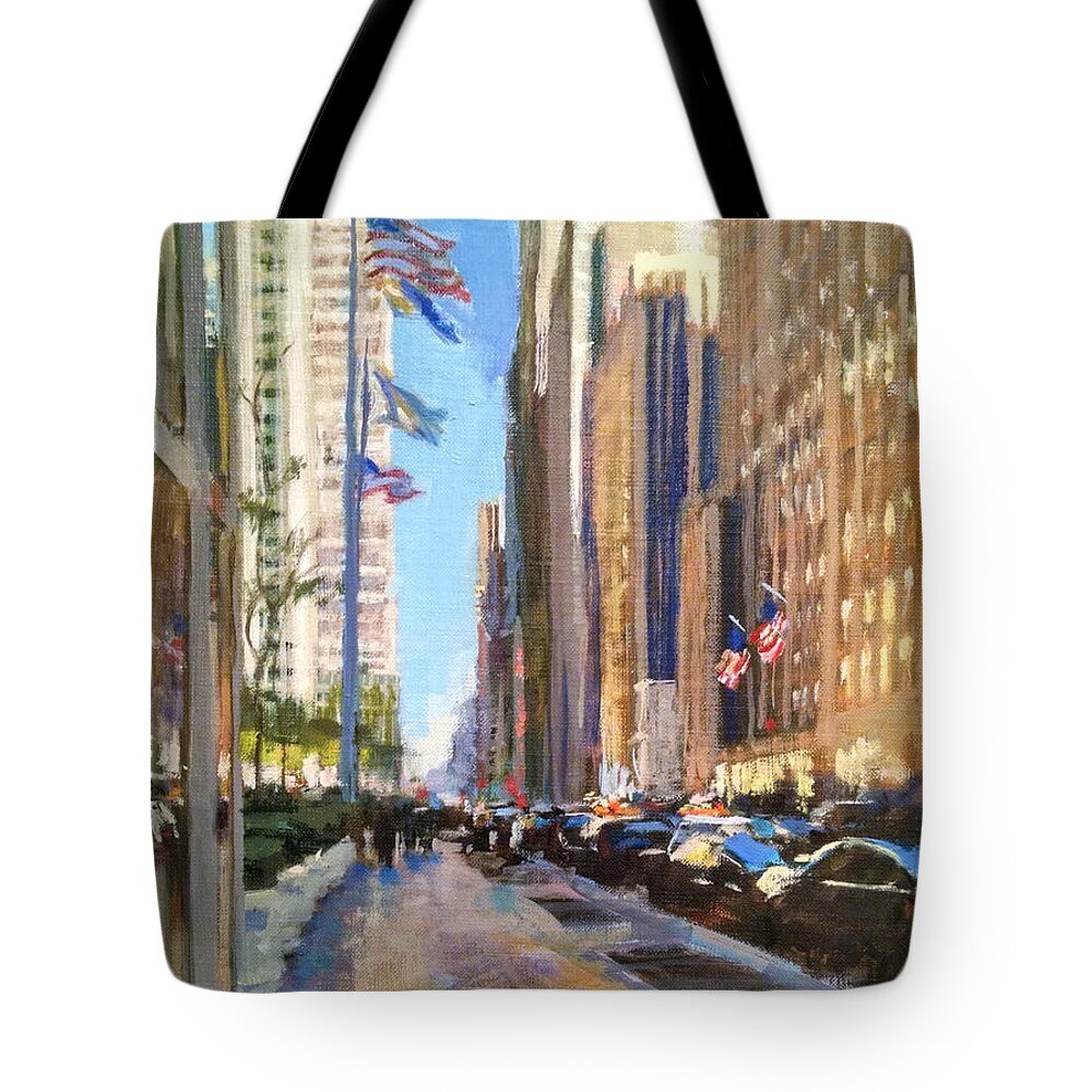 New York Tote Bag featuring the painting Sixth Avenue Flags by Peter Salwen