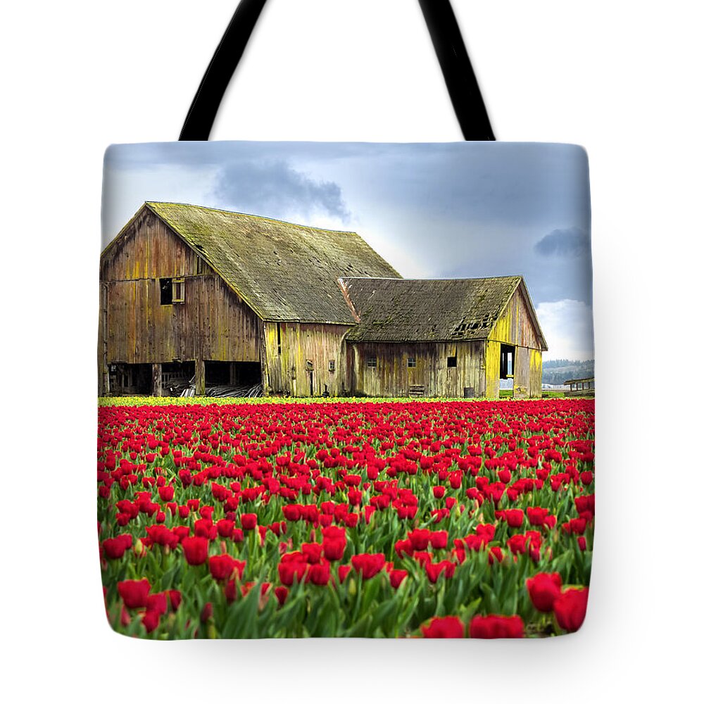 Red Tote Bag featuring the photograph Skagit Valley Barn by Kyle Wasielewski