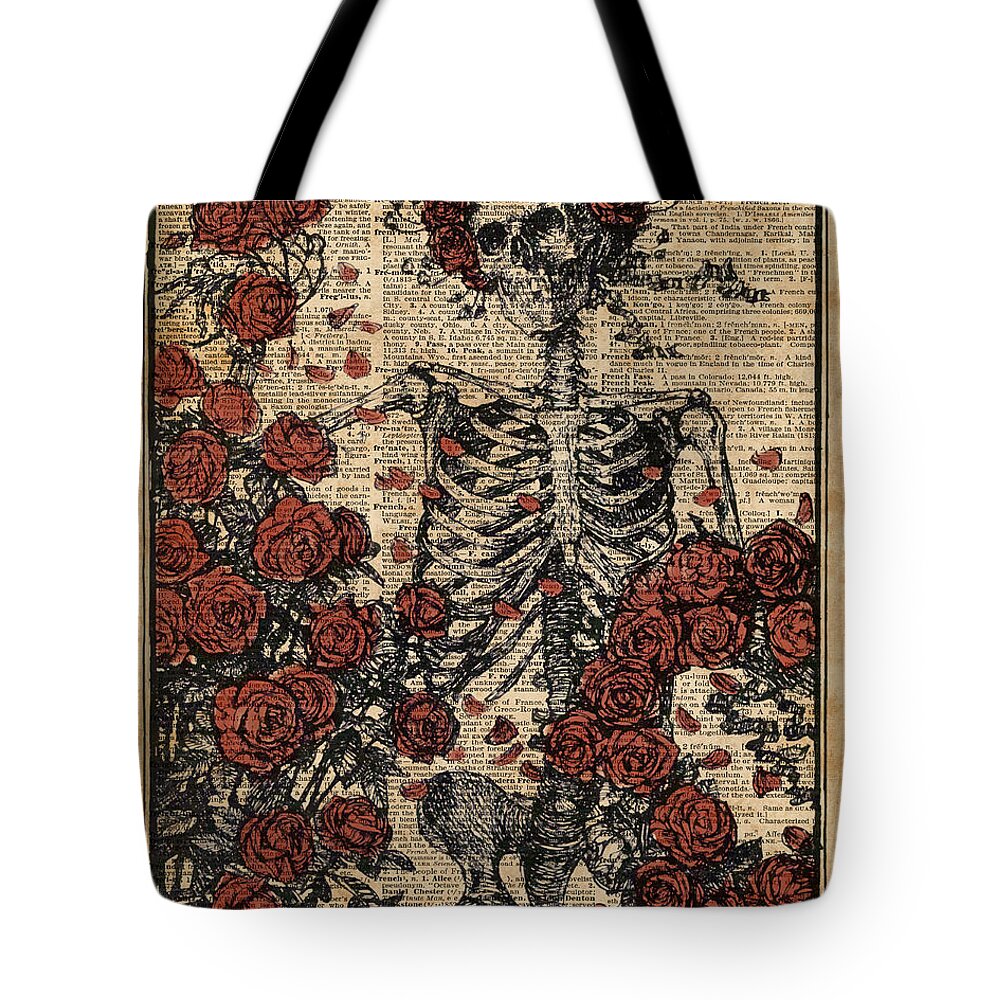 Art Tote Bag featuring the digital art Skeleton art, skeleton with roses book art,human anatomy by Anna W