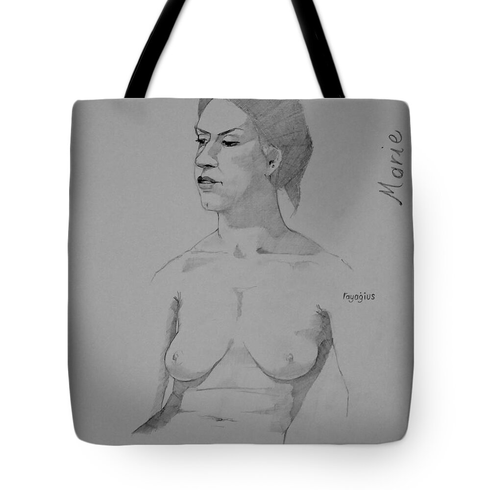 Female Tote Bag featuring the drawing Sketch for Marie seated by Ray Agius