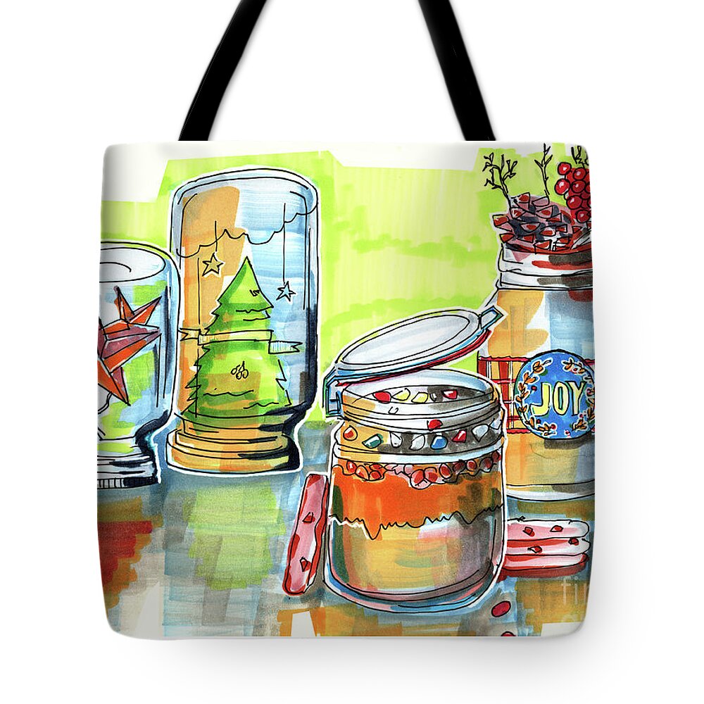 New Year Tote Bag featuring the drawing Sketch Of Winter Decorative Jars by Ariadna De Raadt