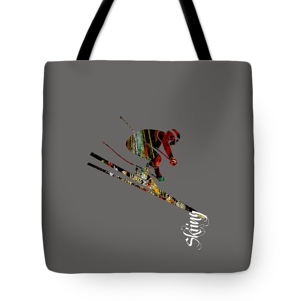 Ski Tote Bag featuring the mixed media Skiing Collection by Marvin Blaine