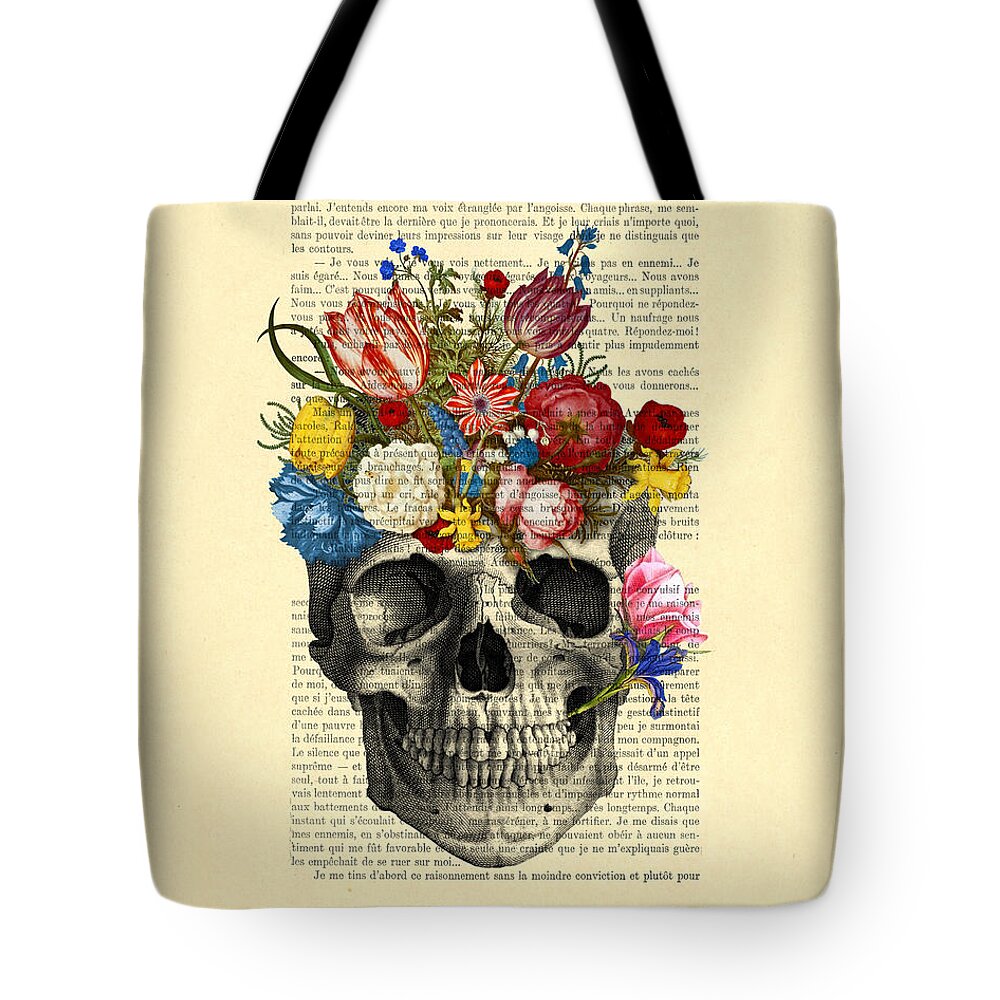 Till Death Do Us Part Tote Bag featuring the digital art Skull With Flowers Vintage Illustration by Madame Memento