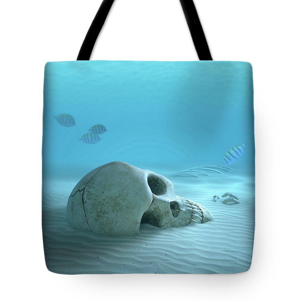 Skull Tote Bag featuring the photograph Skull on sandy ocean bottom by Johan Swanepoel