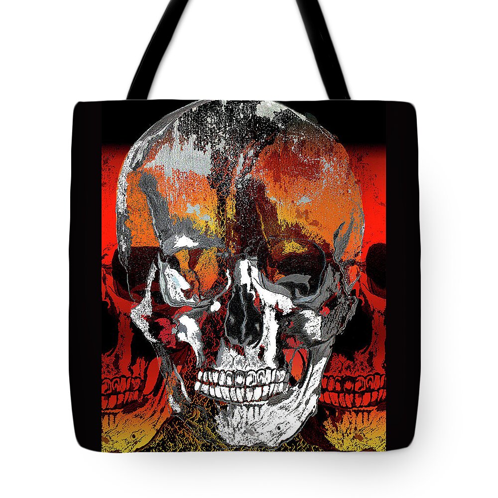 Skulls Tote Bag featuring the digital art Skull Times Three by Lisa Stanley
