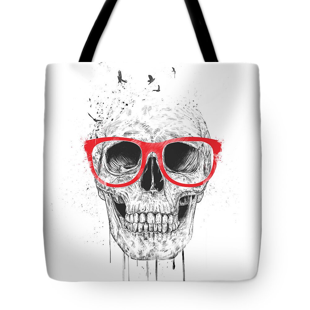 Skull Tote Bag featuring the mixed media Skull with red glasses by Balazs Solti
