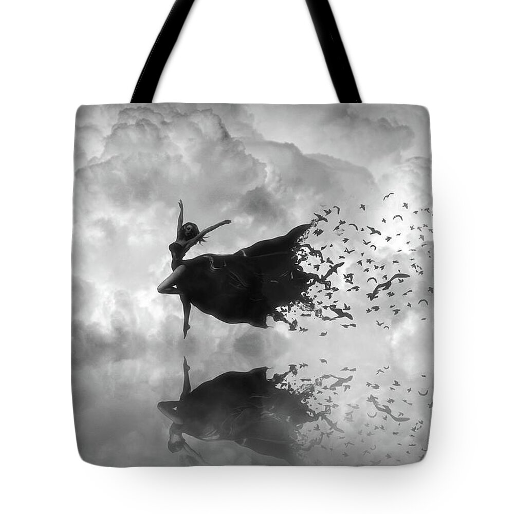 Dancer Tote Bag featuring the digital art Sky Dancer - black and white by Lilia S