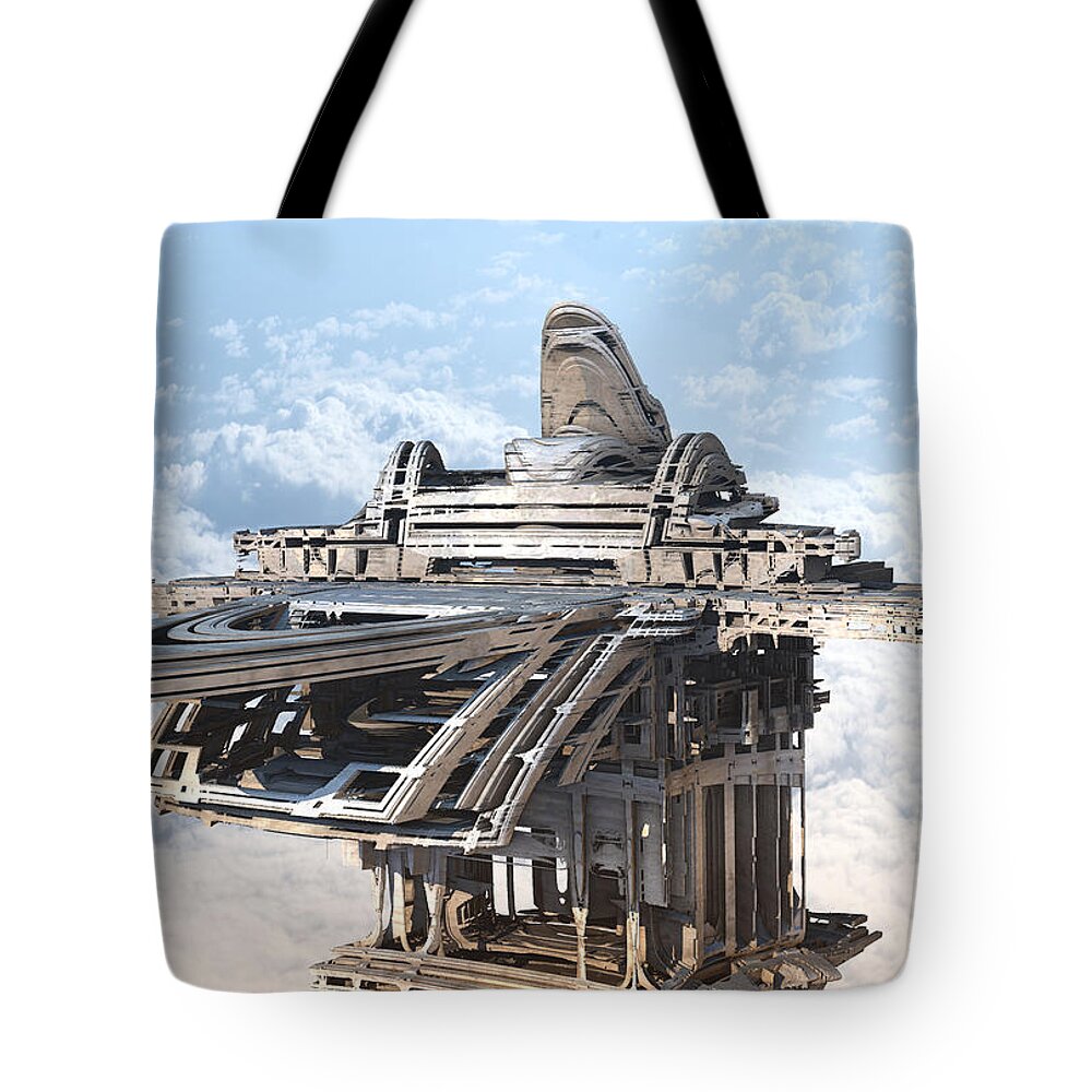 Sciencefiction Scifi Grunge Dystopian Architecture Building Fractal Steampunk Fractalart Mandelbulb3d Mandelbulb Tote Bag featuring the digital art Sky Mall by Hal Tenny