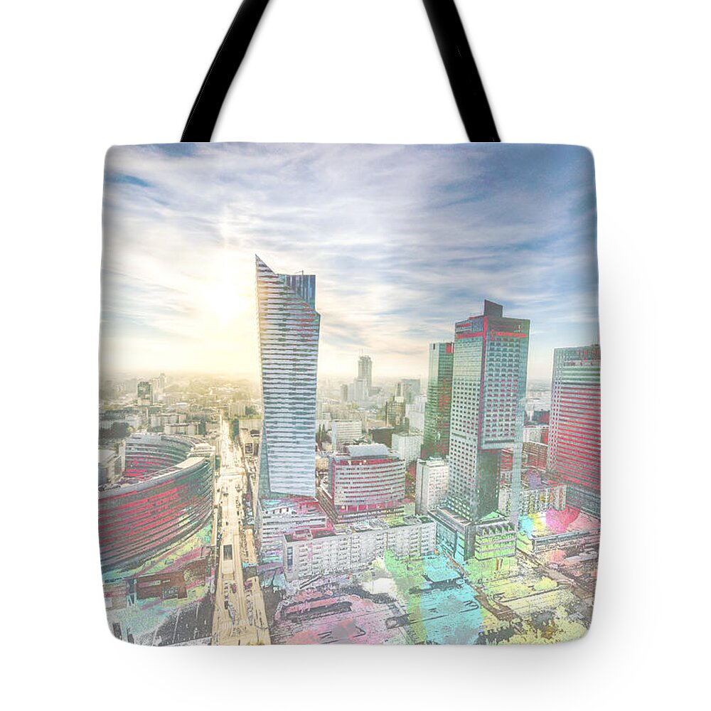 Warsaw Tote Bag featuring the digital art Skyline of Warsaw Poland by Anthony Murphy