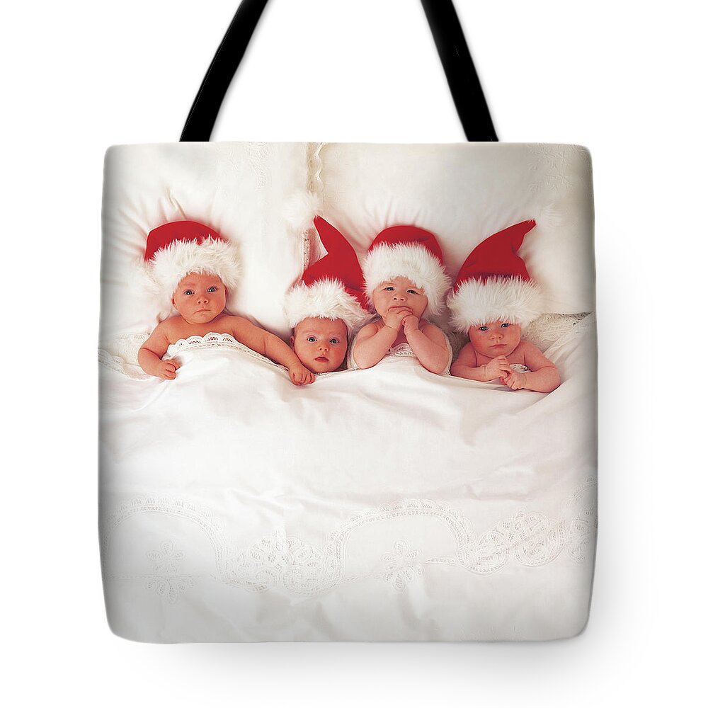 Holiday Tote Bag featuring the photograph Sleepy Santas by Anne Geddes