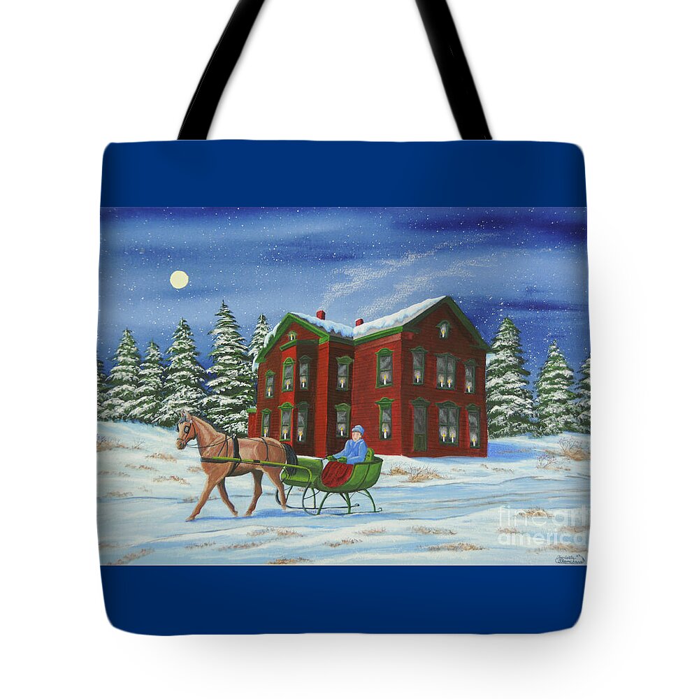 Sleigh Ride Tote Bag featuring the painting Sleigh Ride With A Full Moon by Charlotte Blanchard