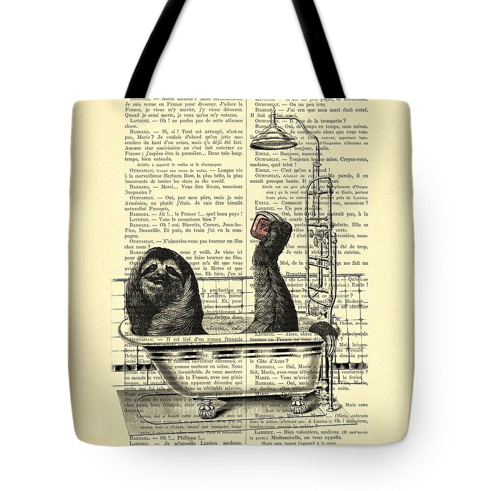 Sloth Tote Bag featuring the digital art Sloth, funny children's art, bathroom decor by Madame Memento