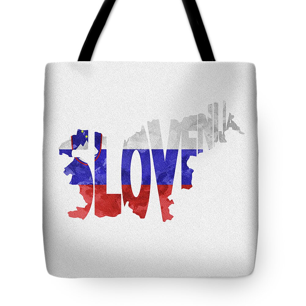 Slovenia Tote Bag featuring the digital art Slovenia Typographic Map Flag by Inspirowl Design