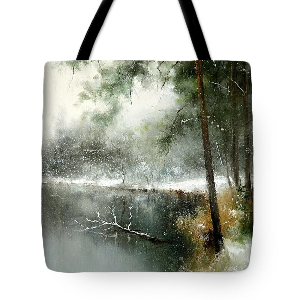 Russian Artists New Wave Tote Bag featuring the painting Small River in the Forest by Igor Medvedev