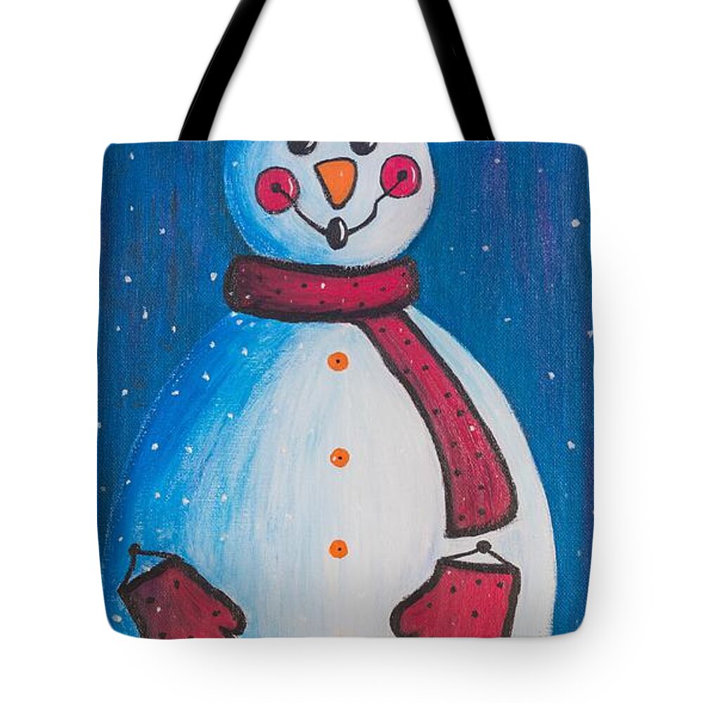 Snowman Tote Bag featuring the painting Smiley Snowman by Neslihan Ergul Colley