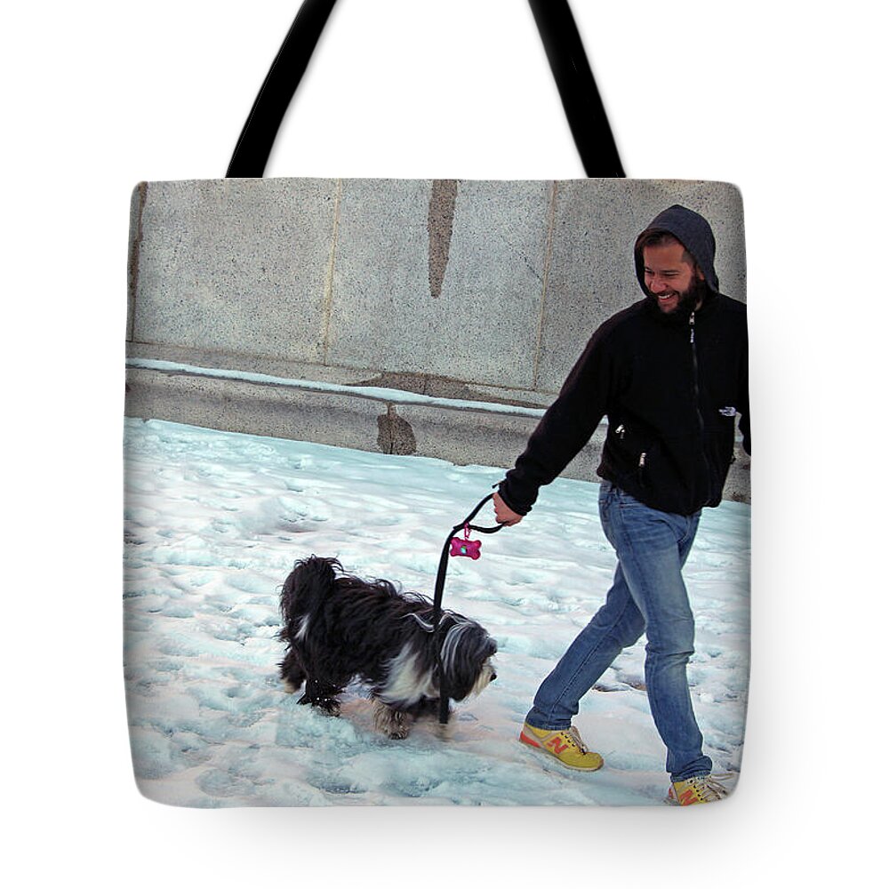 Dog Tote Bag featuring the photograph Smiling As He Walks His Dog by Cora Wandel