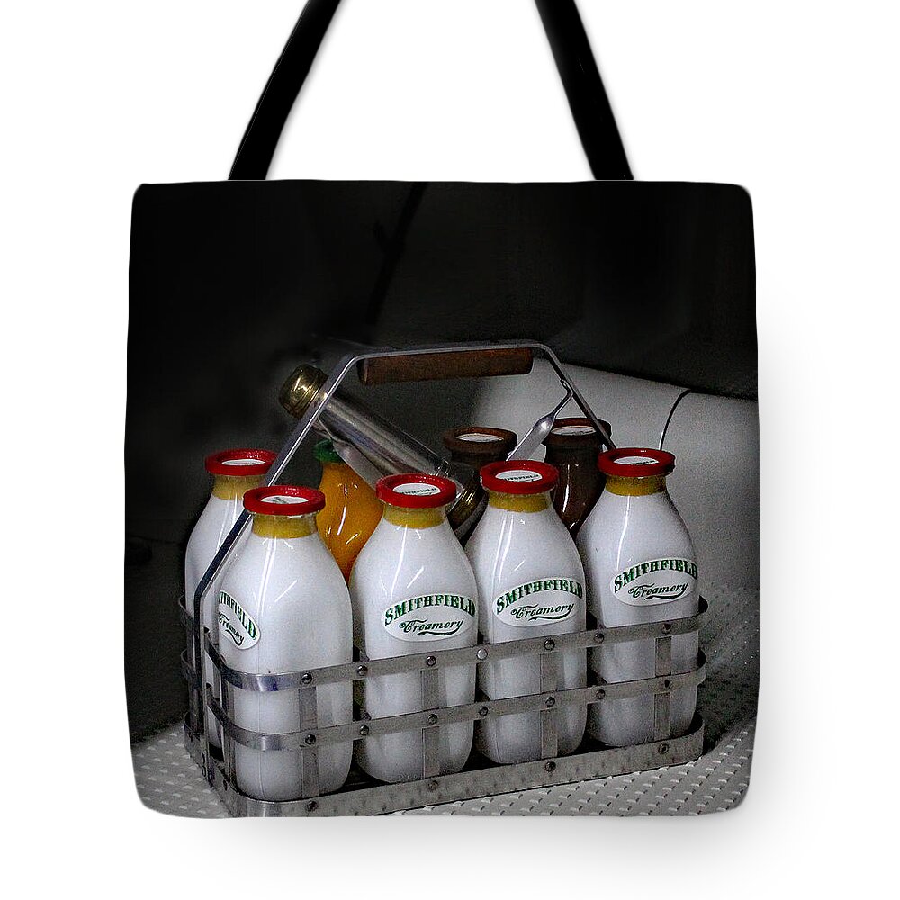 Milk Tote Bag featuring the photograph Smithfield Milk Bottles by DB Hayes