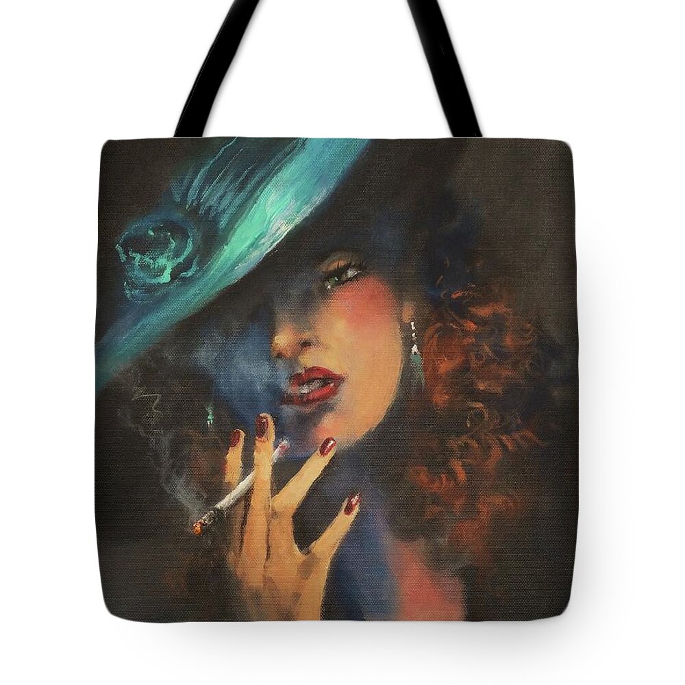 Woman Smoking Cigarette Tote Bag featuring the painting Smoke Gets In Your Eyes by Tom Shropshire