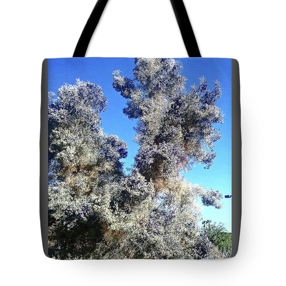 Garden Tote Bag featuring the photograph Smoke Tree In Bloom With Blue Purple Flowers by Jay Milo