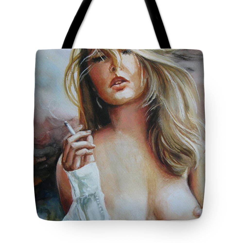 Wwoman Tote Bag featuring the painting Smoking woman by Elena Oleniuc