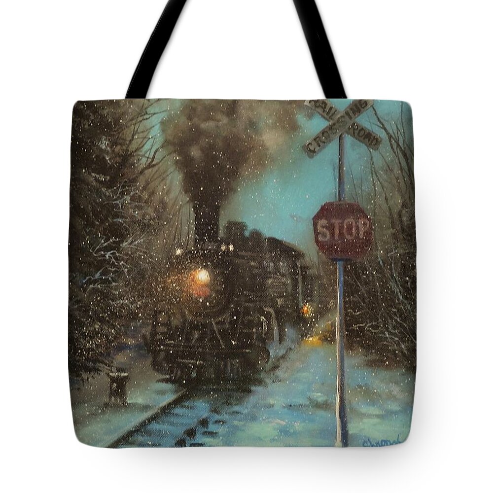 Steam Engine Tote Bag featuring the painting Snow and Steam by Tom Shropshire
